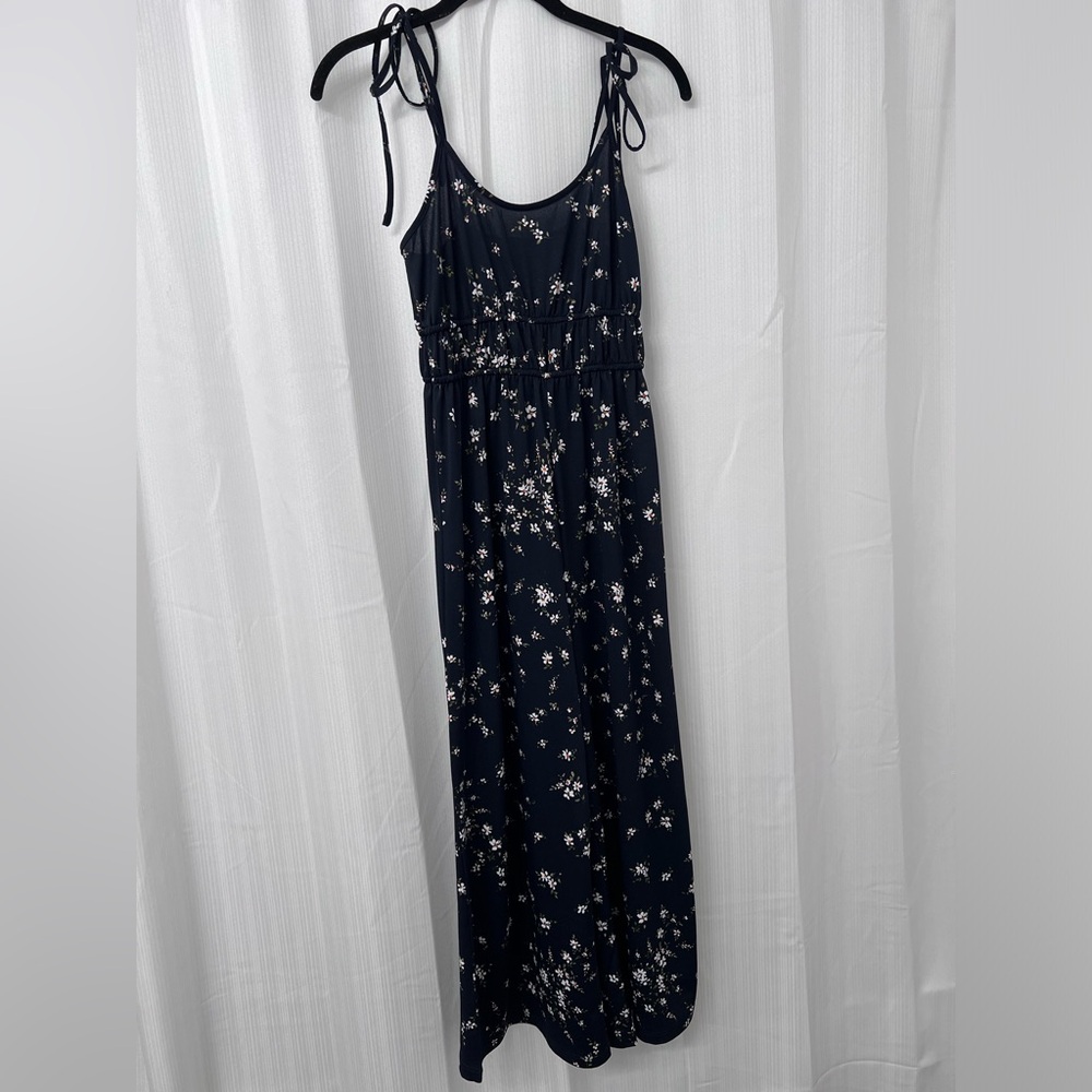 Aqua Navy Floral Tie Strap Wide Leg Jumpsuit